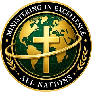 The M.I.E. All Nations seal: a gold cross standing on an emerald and gold globe, circled by an orbit ring and laurels, lettered Ministering in Excellence, All Nations